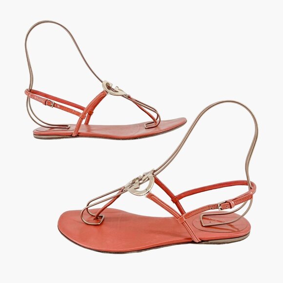 Gucci Interlocking GG Heart T-Strap Flat Sandals EU 37 US 7 Coral Pink Leather - Picture 8 of 12